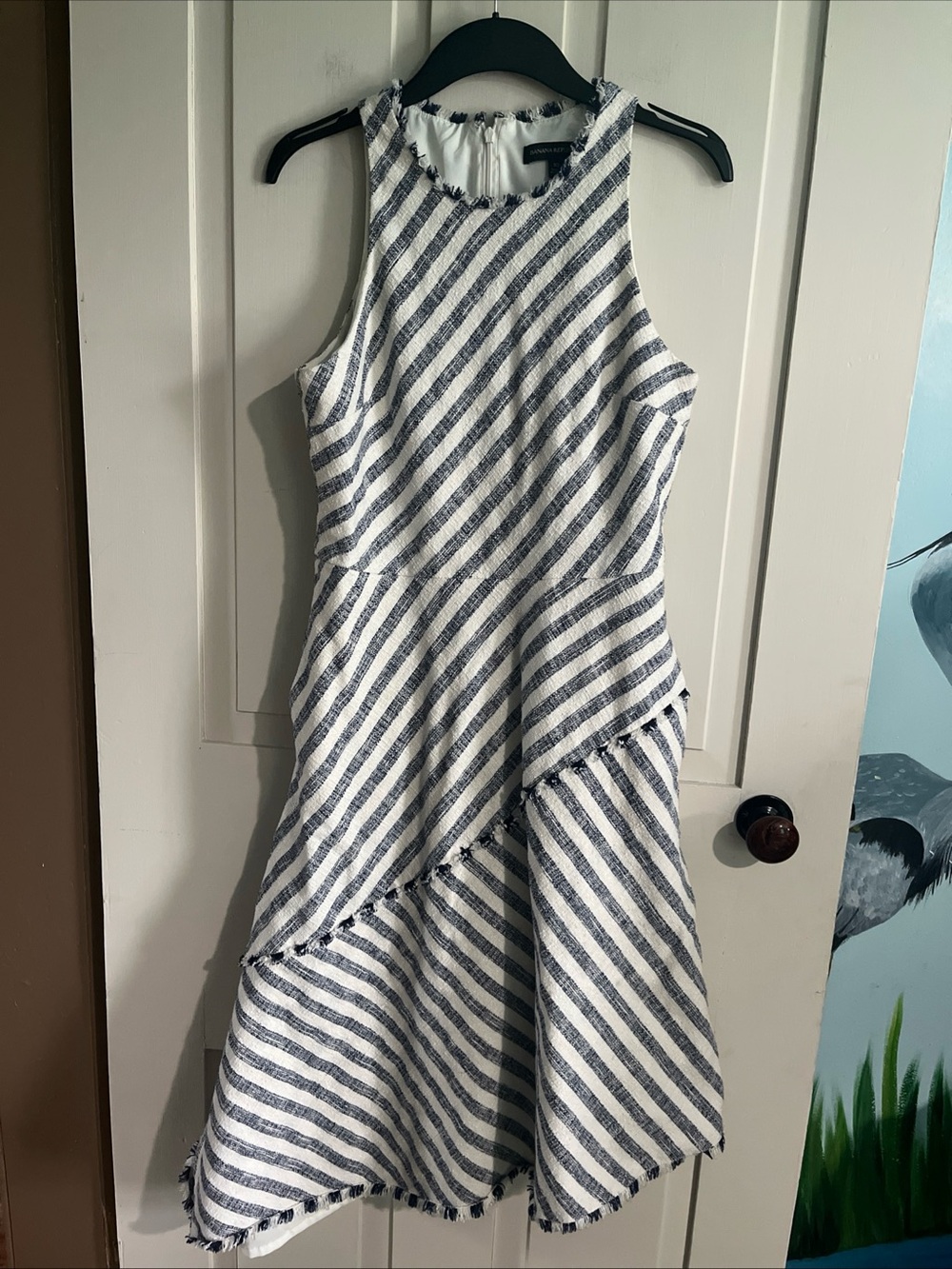 Banana Republic White and Navy Striped High-Low Fringe Dress